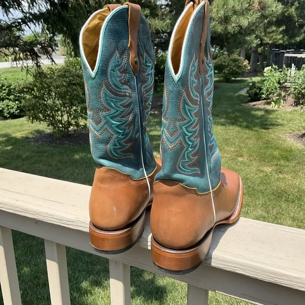 Alfa Western Wear Men's Cowboy Boots Square Toe Blue Green Leather Sz 12‎ Mexico
